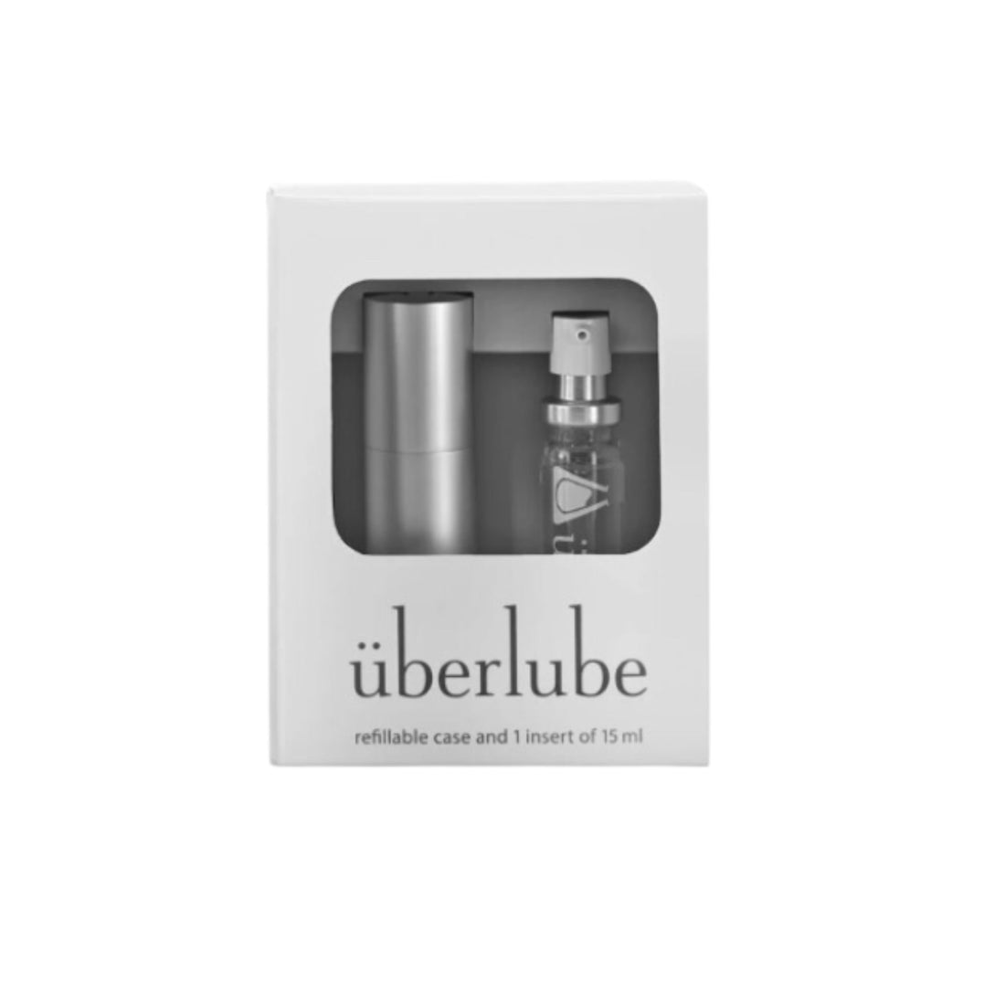 überlube refilable case with a spray bottle in packaging on a white background