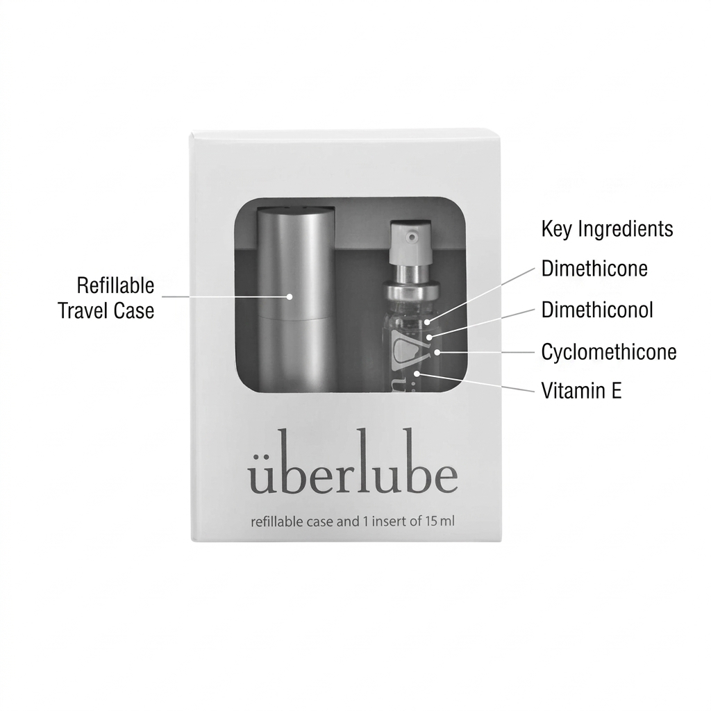 uberlube refillable travel case packaging with key ingredients listed