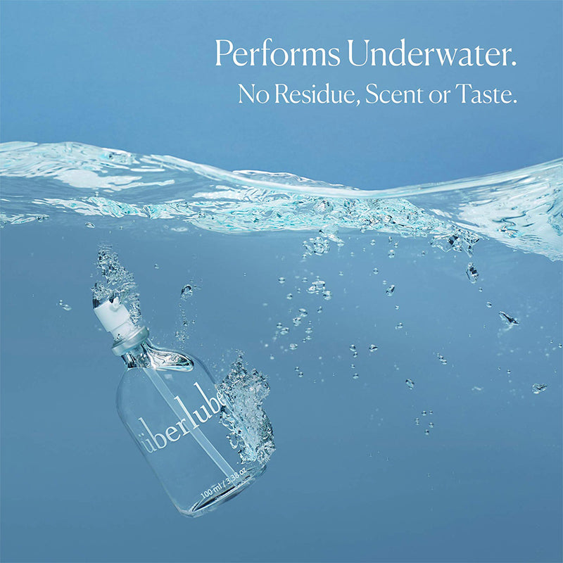 UberLube Silicone Lubricant from The Pharmacy Lab shown underwater, highlighting its no residue, no scent, and no taste formula.