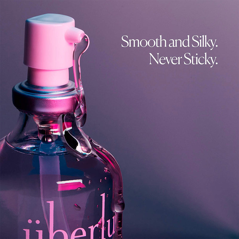 Close-up of Überlube Silicone Lubricant bottle with glossy texture – smooth, silky, and non-sticky formula for comfortable use.