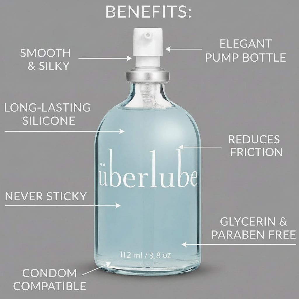 Glass bottle labeled 'uberlube' with features highlighted on a gray background