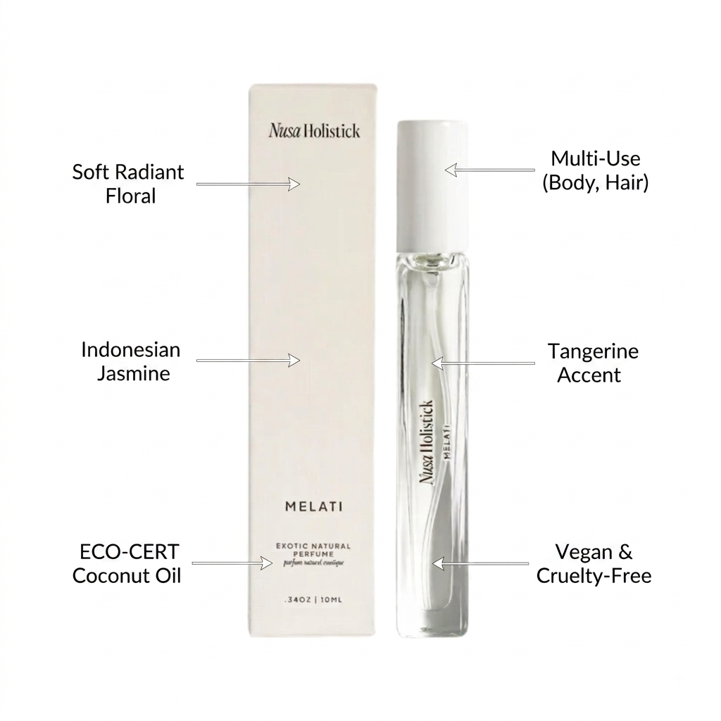 A 10 mL travel perfume vial and its matching beige cardboard packaging box from the brand Nuza Holistic, labeled with scent notes including Soft Radiant Floral, Indonesian Jasmine, Tangerine Accent, and Eco-Cert Coconut Oil.
