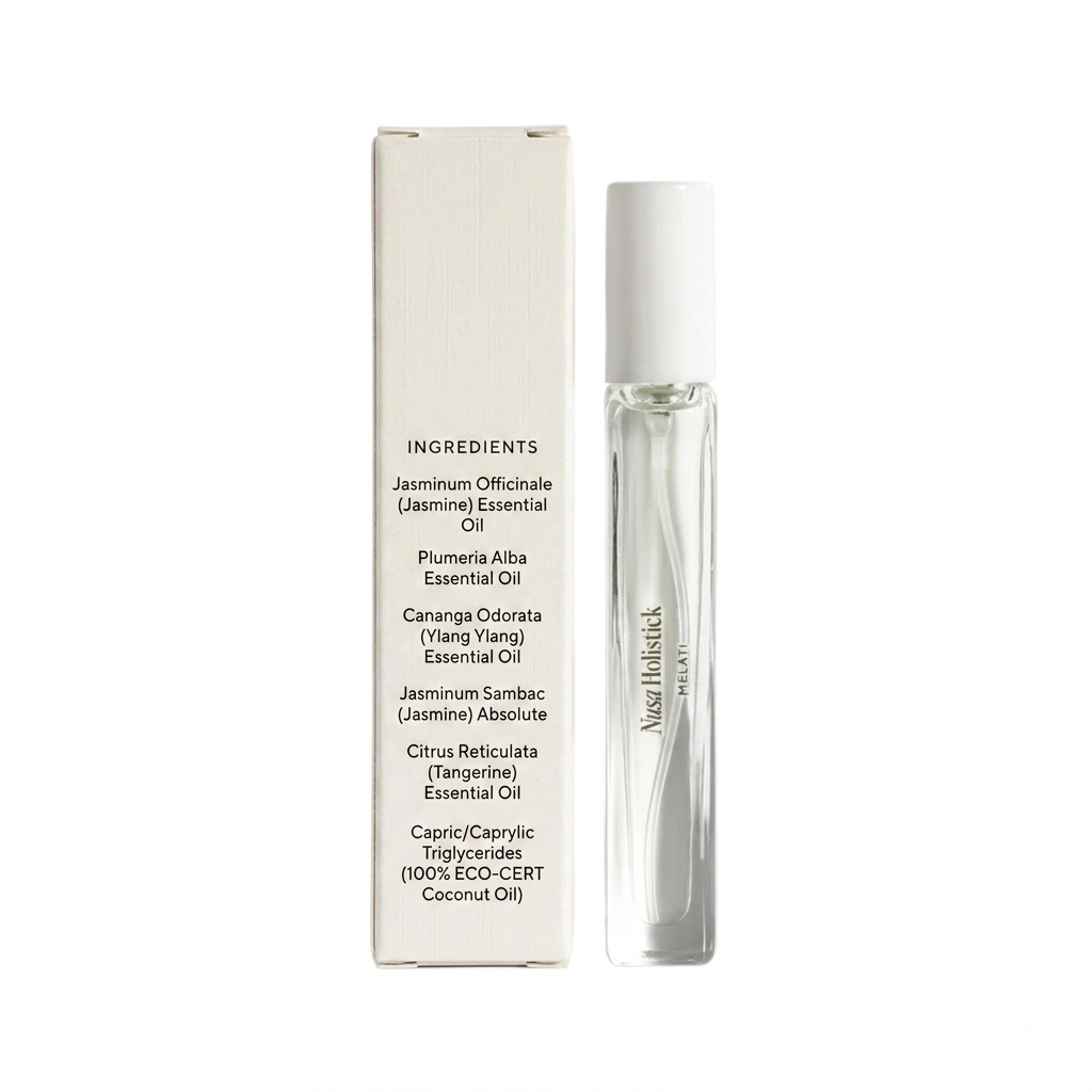 A clear glass perfume or essential oil roller bottle with a white cap stands next to a tall off-white rectangular box on a plain white background. The bottle has vertical text reading 'Nosefulick' and 'Jasminum'.