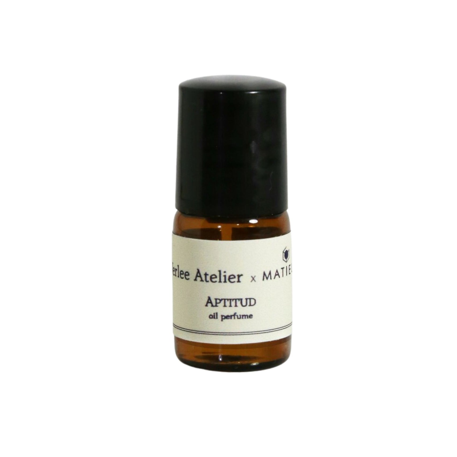 Small brown perfume bottle with a black cap on a white background