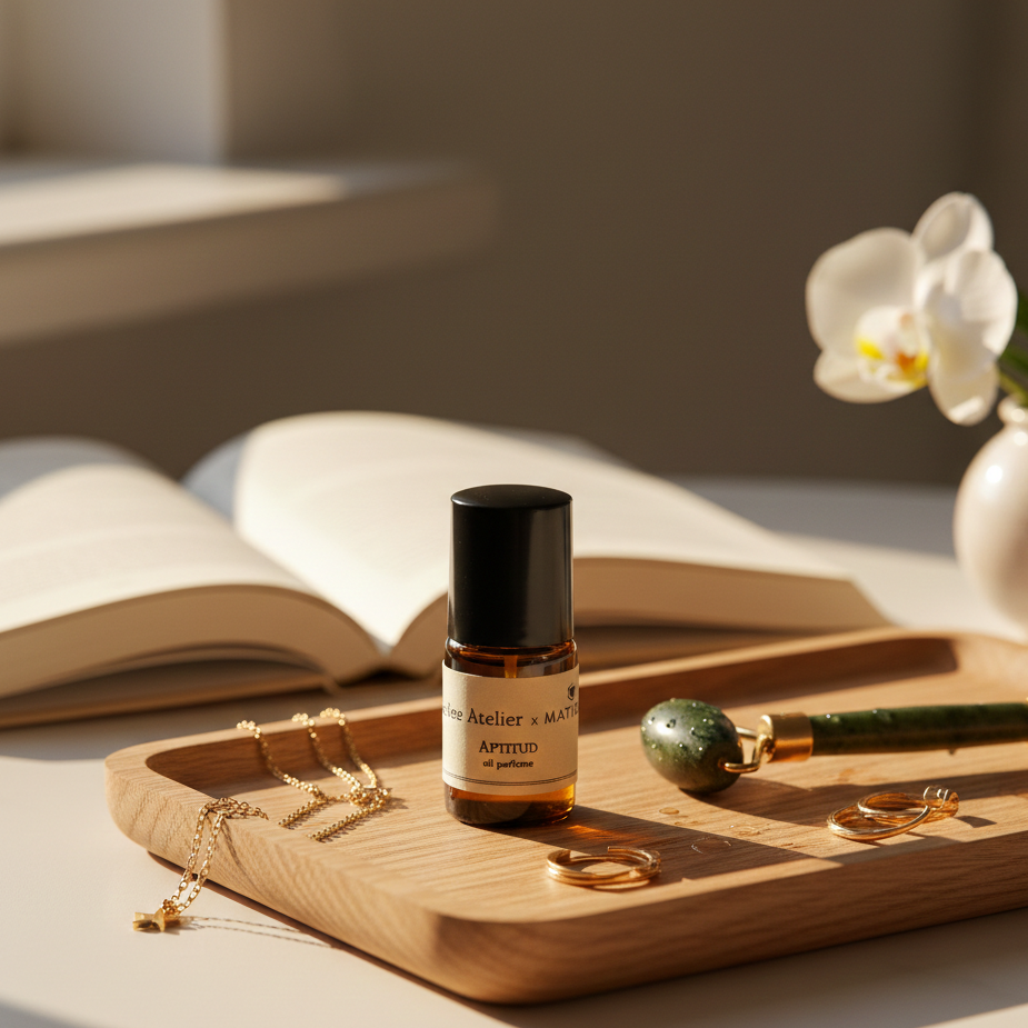 Bottle of Atelier Aptitud on a wooden tray with jewelry and an open book