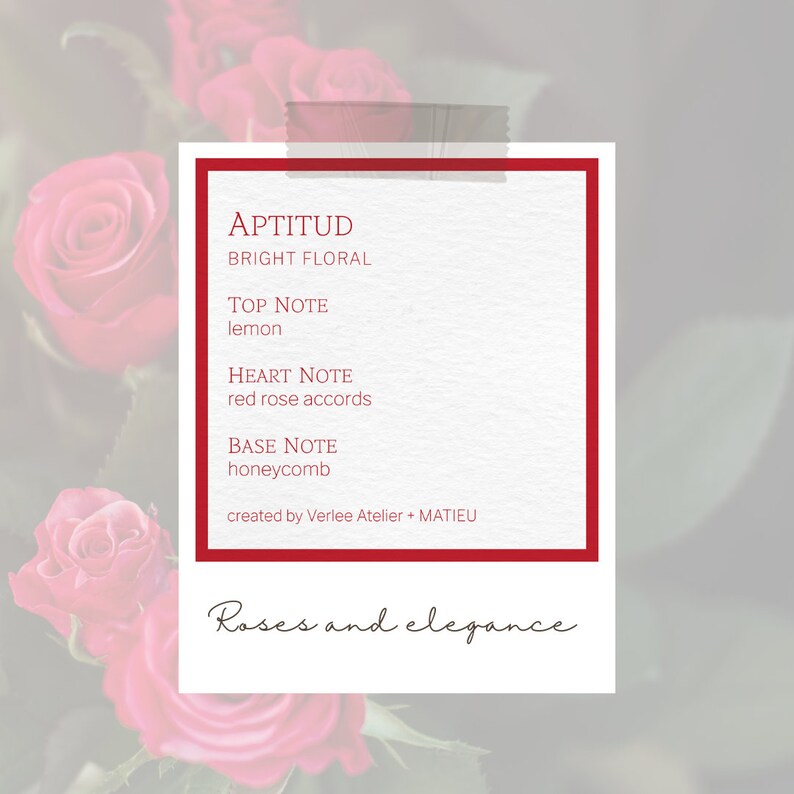 Perfume bottle label with floral design and product details on a blurred floral background