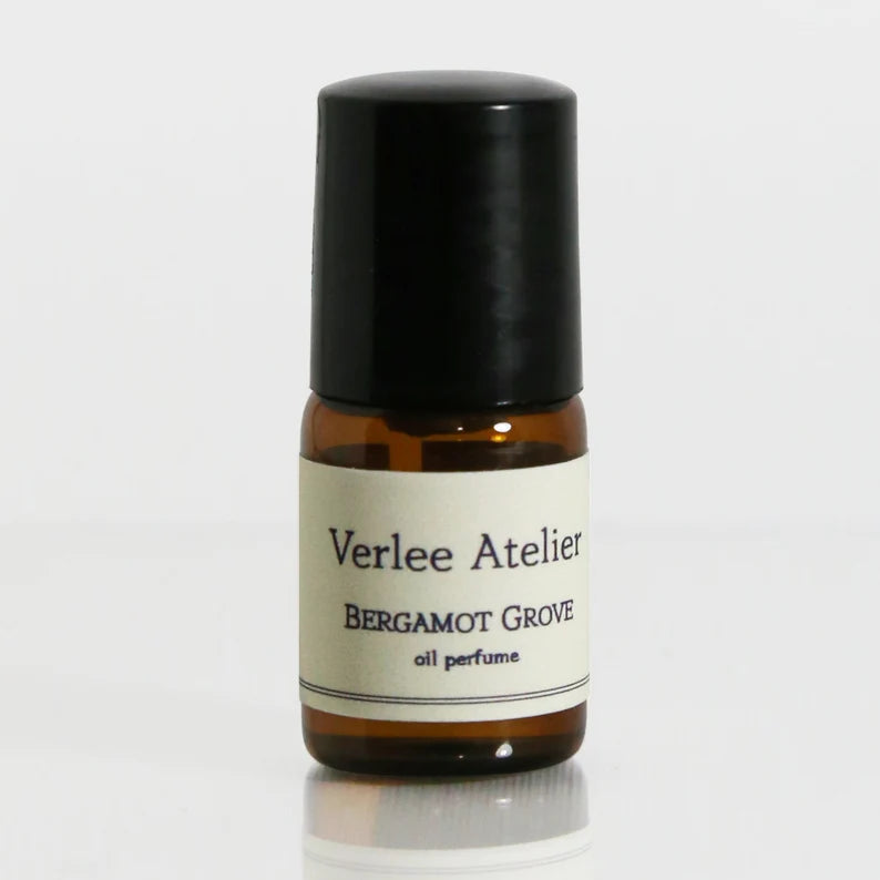 Bottle of Verlee Atelier Bergamot Grove oil perfume on a white background