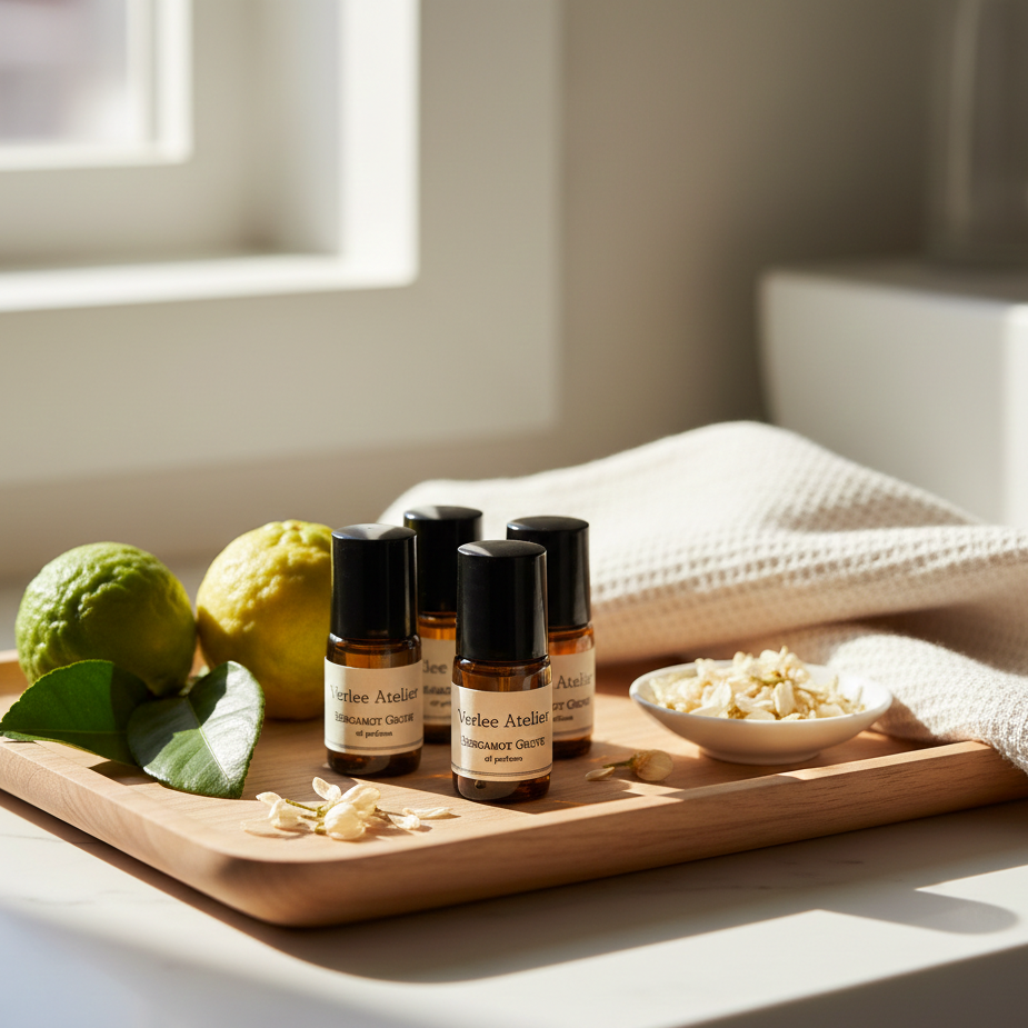 Essential oil bottles on a wooden tray with lemons and a bowl of flowers in a bright room.