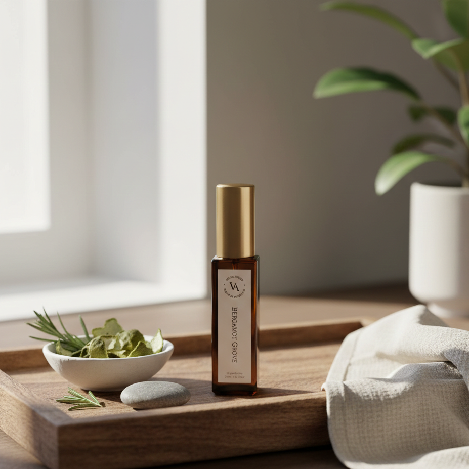 Skincare bottle on a wooden tray with a plant and bowl in the background