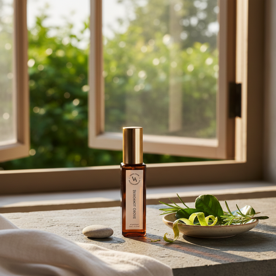 Skincare bottle labeled 'Essences of Green' on a windowsill with greenery outside