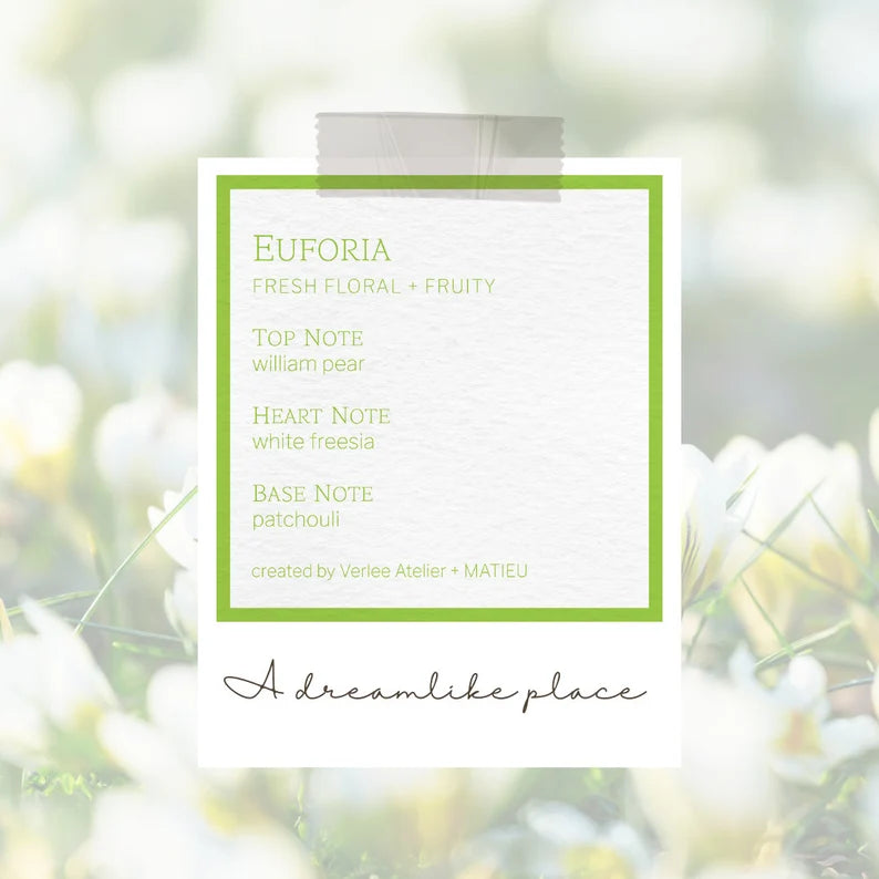 Perfume bottle labeled 'Euforia' with a green label on a blurred natural background