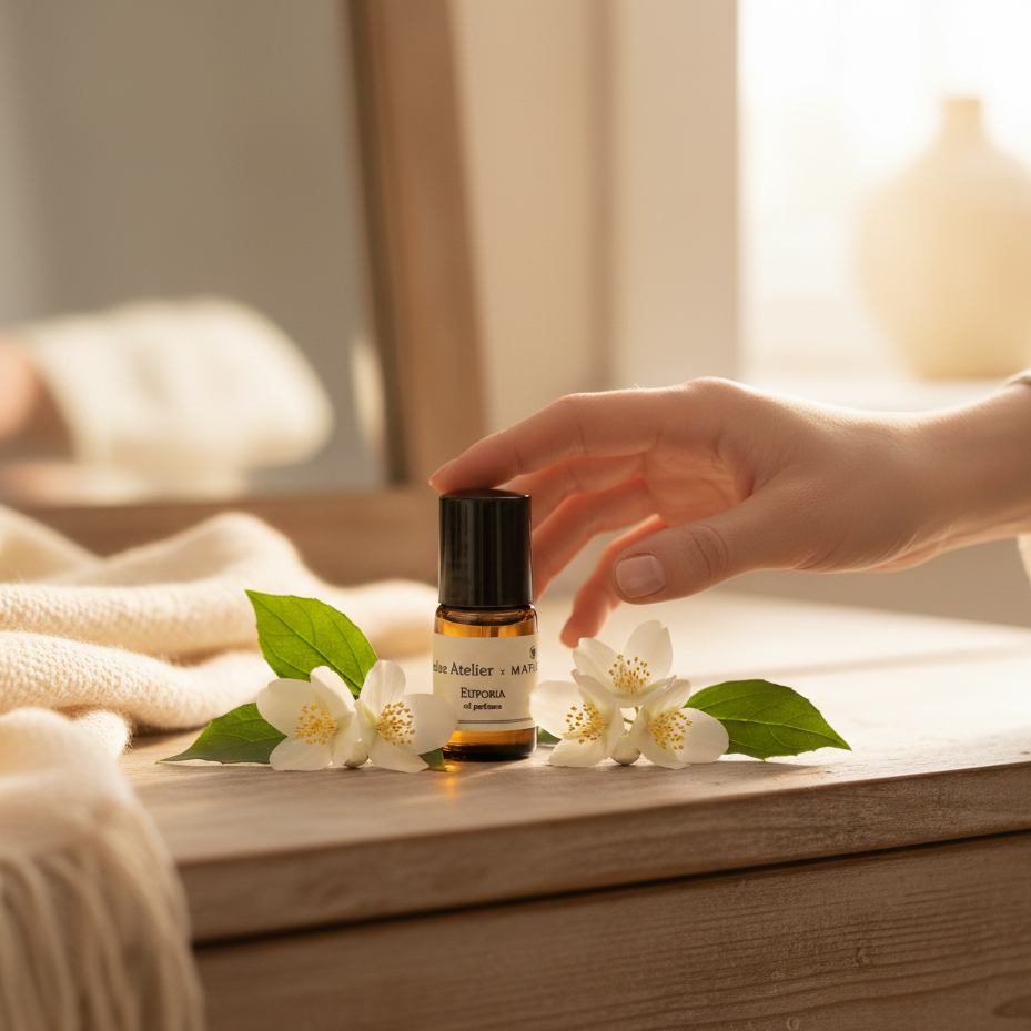 Hand reaching for a bottle of essential oil with flowers on a wooden surface