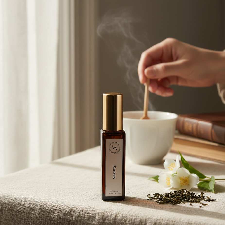 Bottle of tea-infused product on a table with a cup and flowers