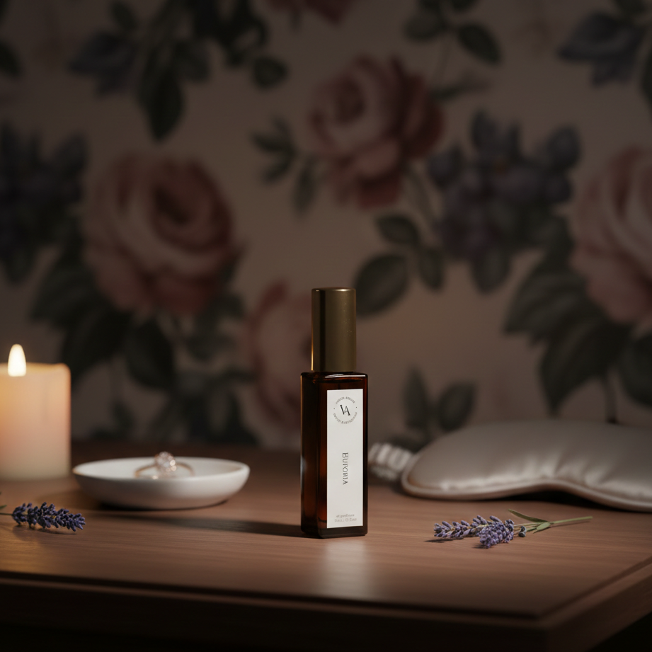 A bottle of perfume on a wooden table with a candle and lavender flowers, against a floral wallpaper background.