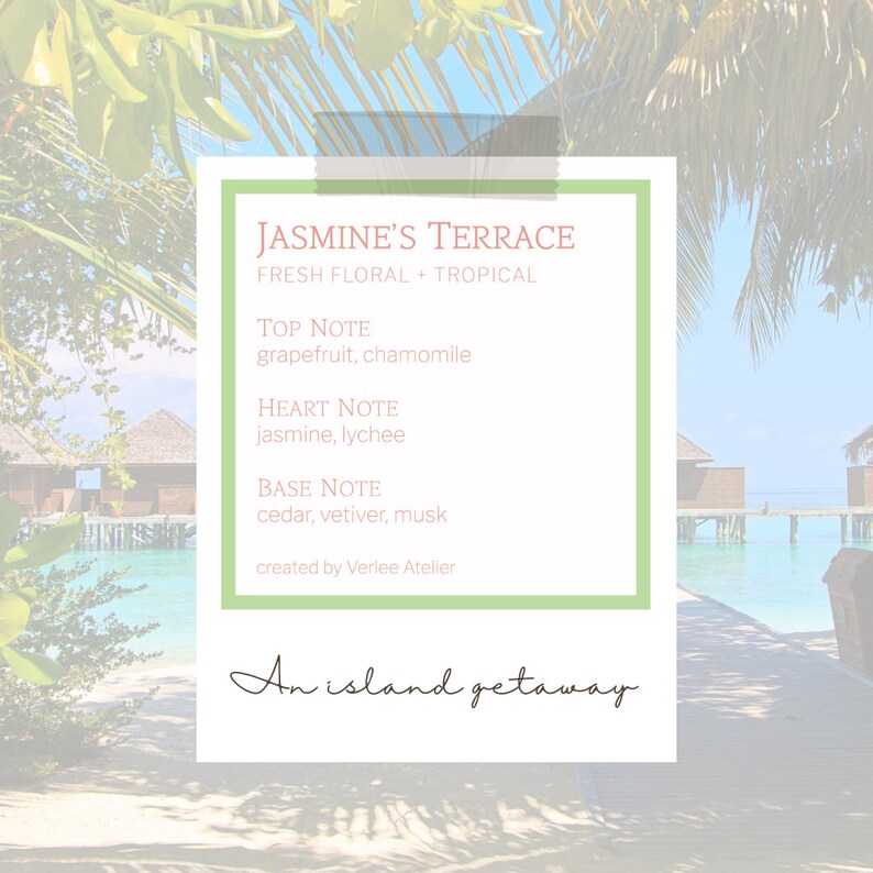 Product label for 'Jasmine's Terrace' with a tropical background