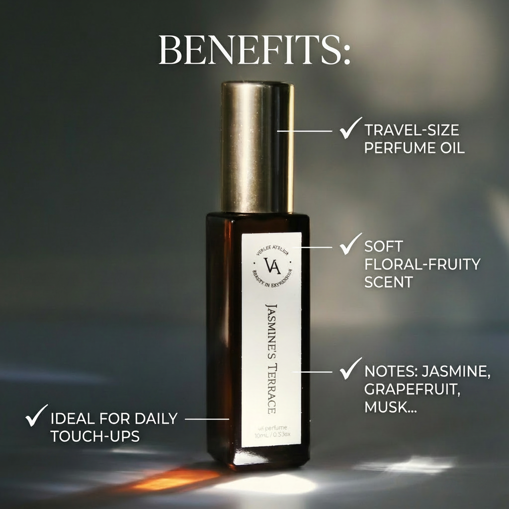 Perfume oil bottle with benefits listed on a dark background