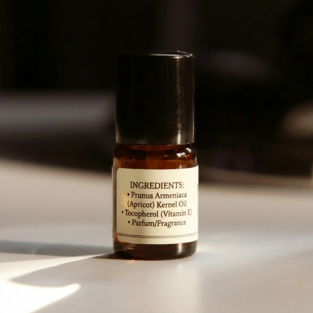 Small brown glass bottle with a label on a light surface