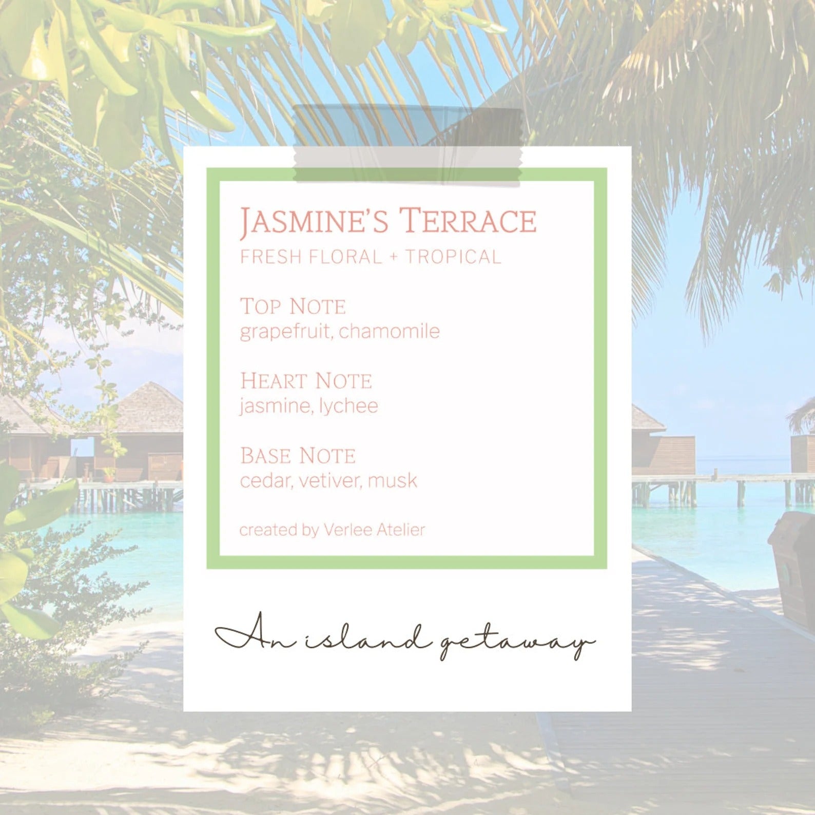 Product label for 'Jasmine's Terrace' with a tropical background featuring palm trees and a pool.