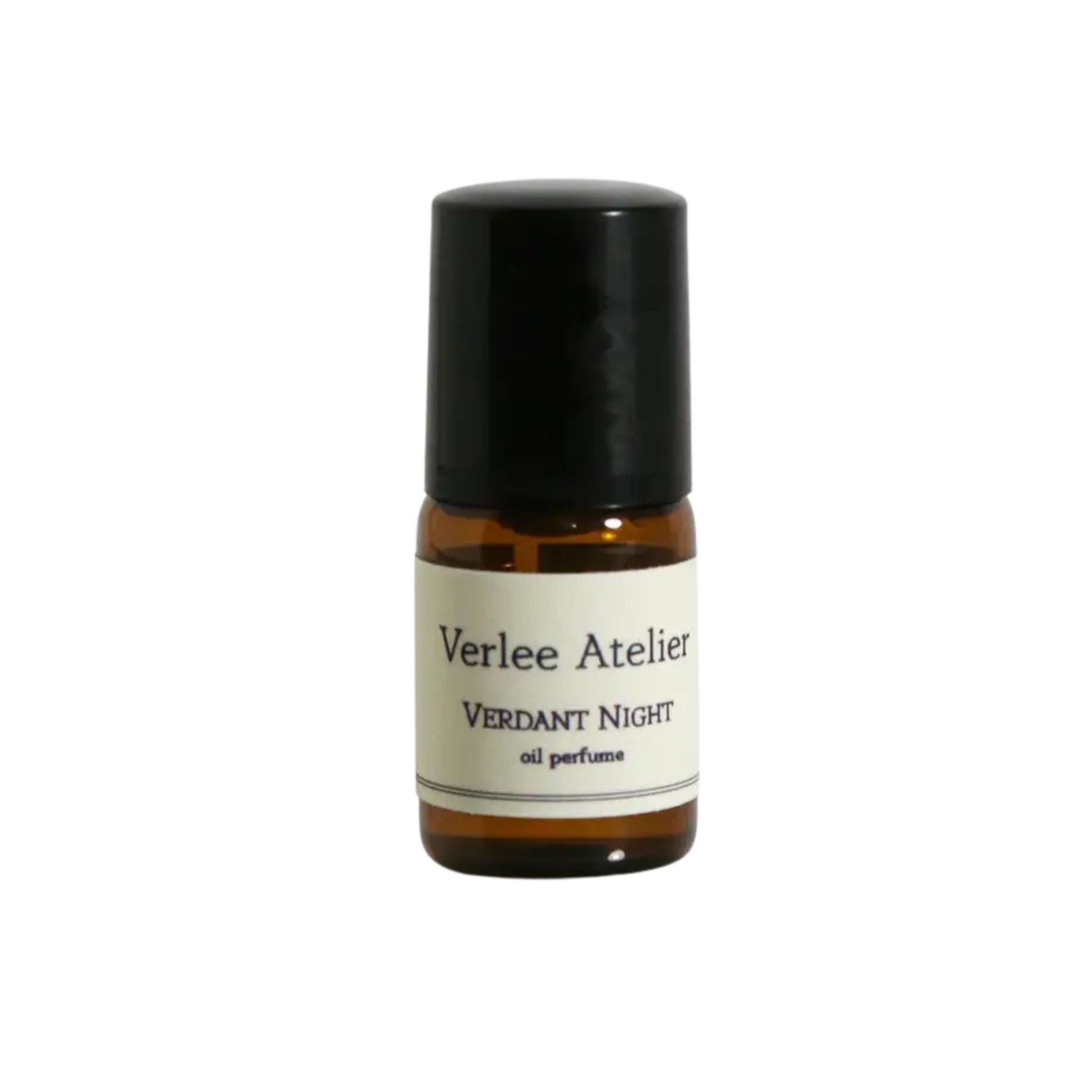 Small bottle of Verlee Atelier Verdant Night oil perfume on a white background