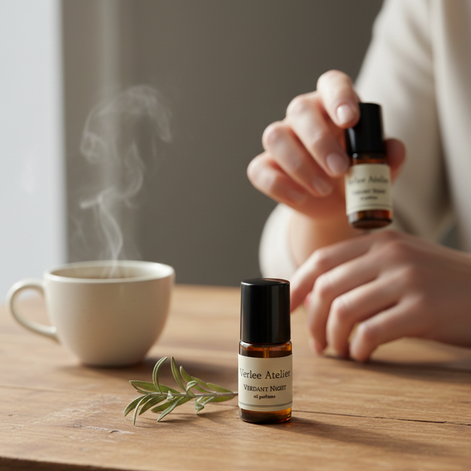 Two bottles of Verles Atelier essential oils on a wooden table with a cup of tea and a sprig of rosemary.
