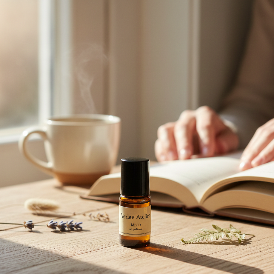 Verlee Atelier essential oil bottle on a wooden surface with a cup of tea and an open book in the background.