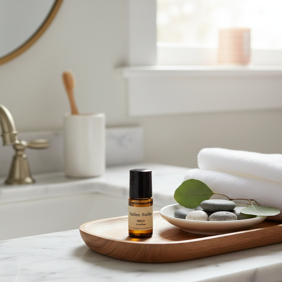 Bottle of Aveda product on a wooden tray with stones and a leaf in a bathroom setting