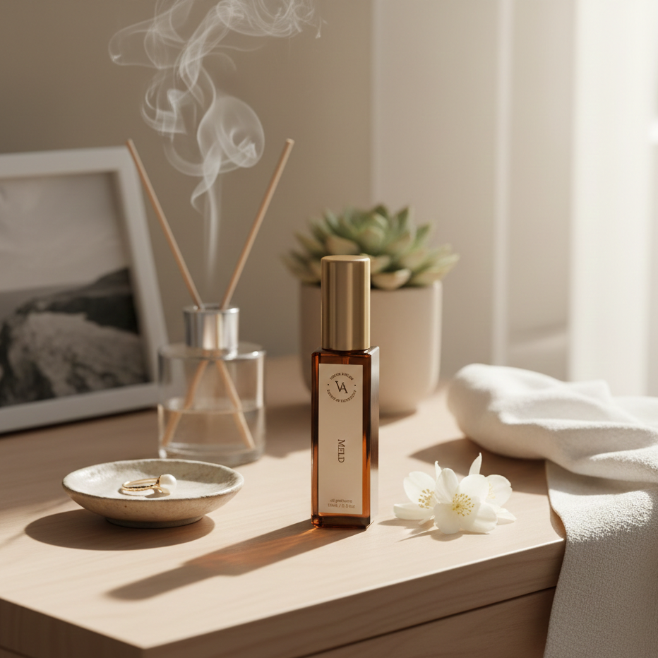 Aromatherapy diffuser with smoke, bottle, and flowers on a wooden surface.