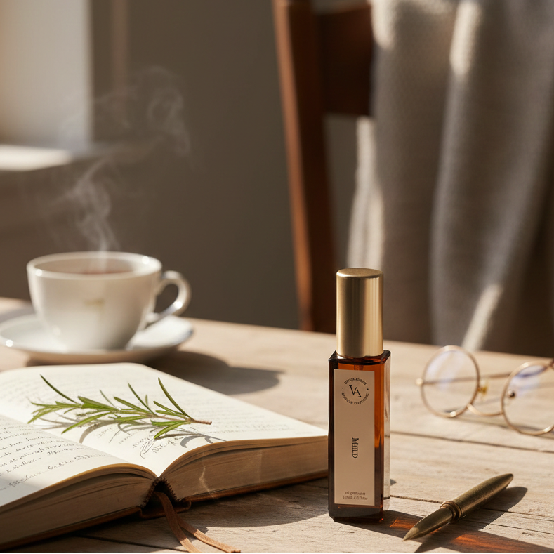Table with an open book, coffee cup, perfume bottle, glasses, and pen in a warm indoor setting.