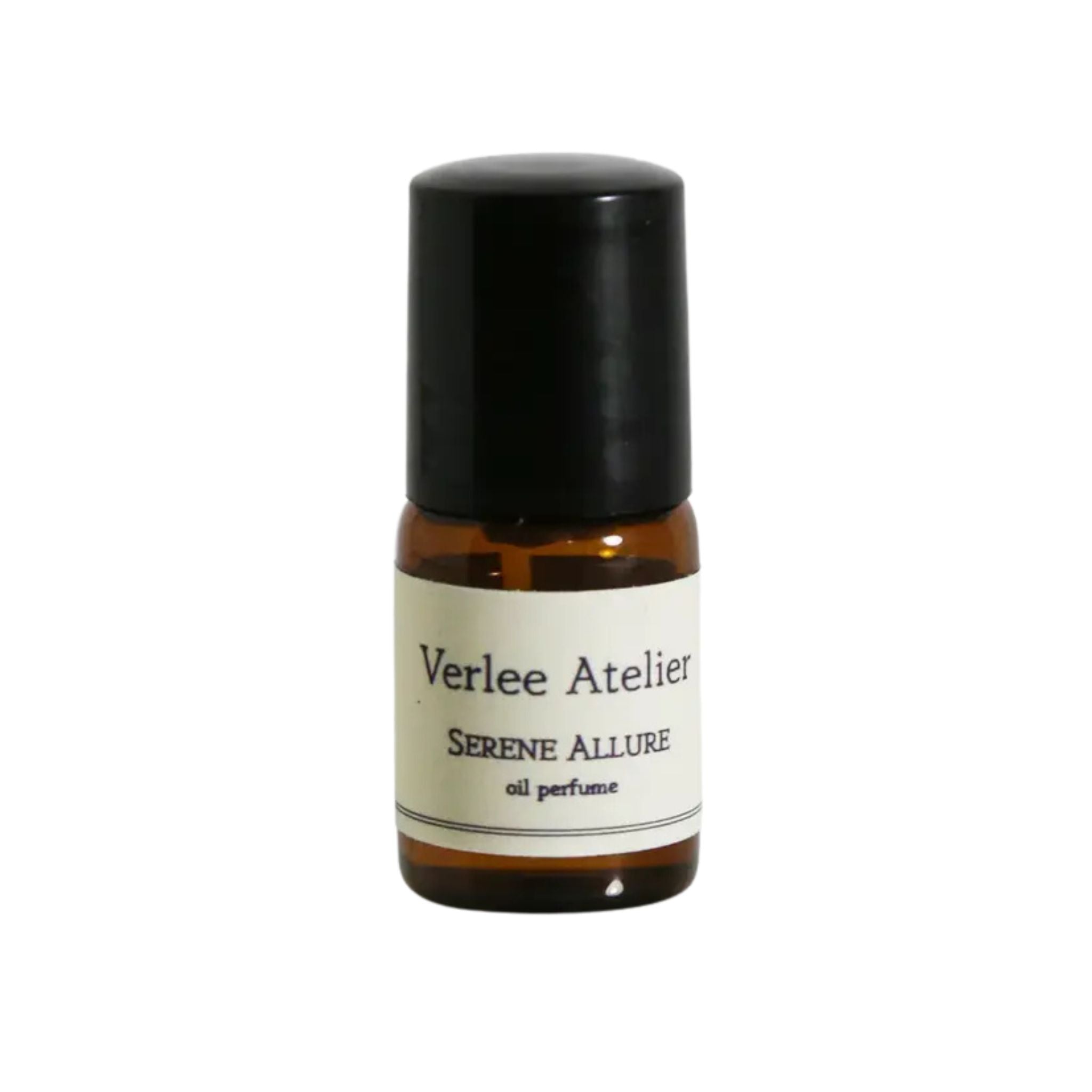 Small amber glass bottle with a black cap labeled 'Verlee Atelier Serene Allure' on a white background