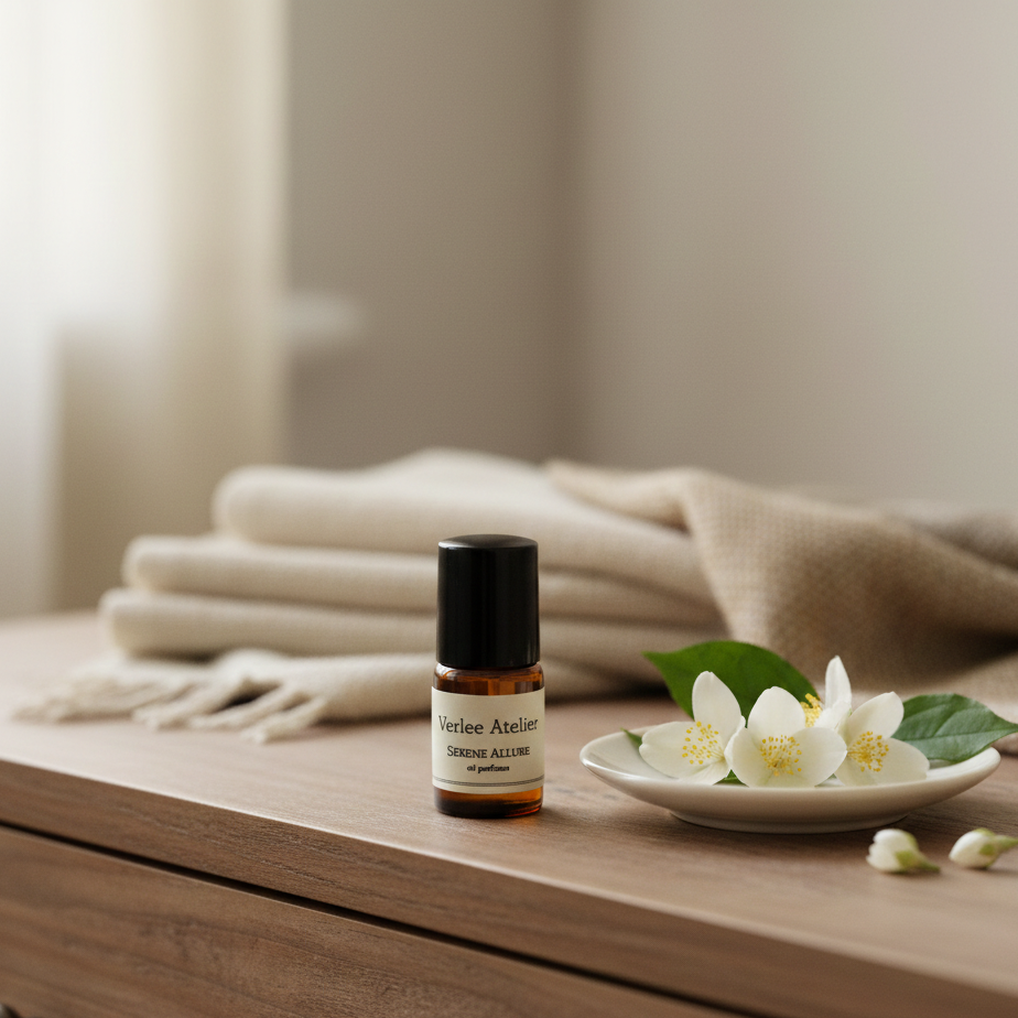 Small bottle of essential oil on a wooden surface with flowers and a blanket in the background
