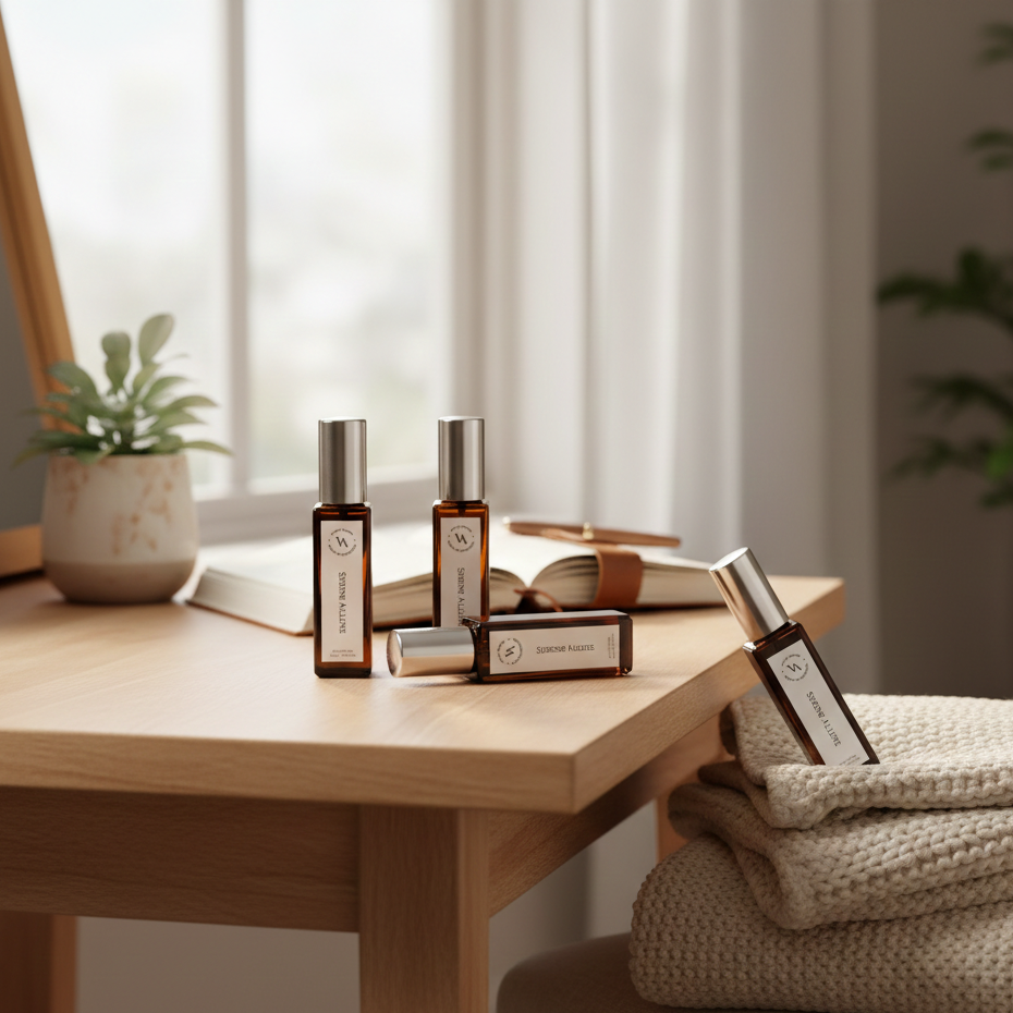 A wooden table with skincare products and a book, with a plant and soft lighting in the background.