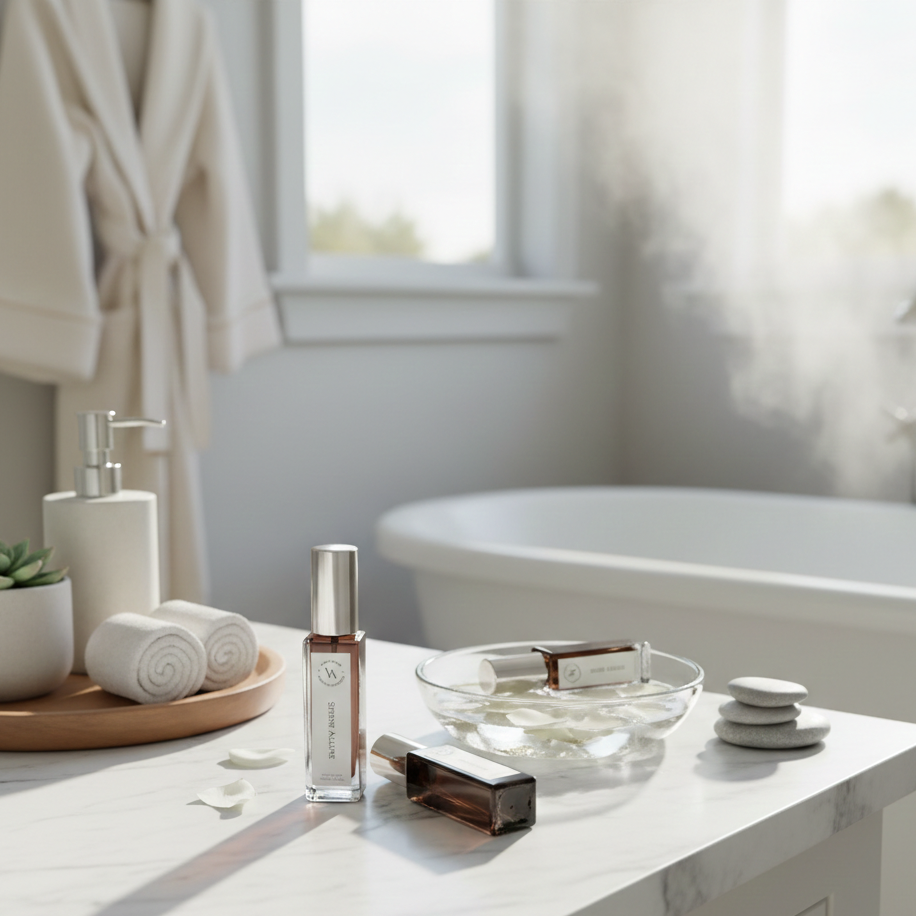 Bathroom counter with skincare products and a bathrobe in the background