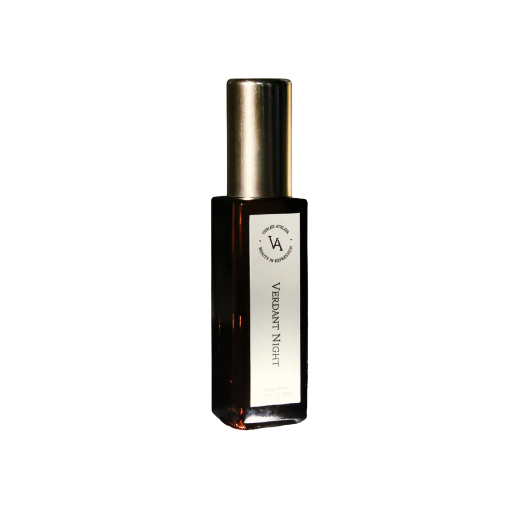 Black perfume bottle with gold cap on a white background