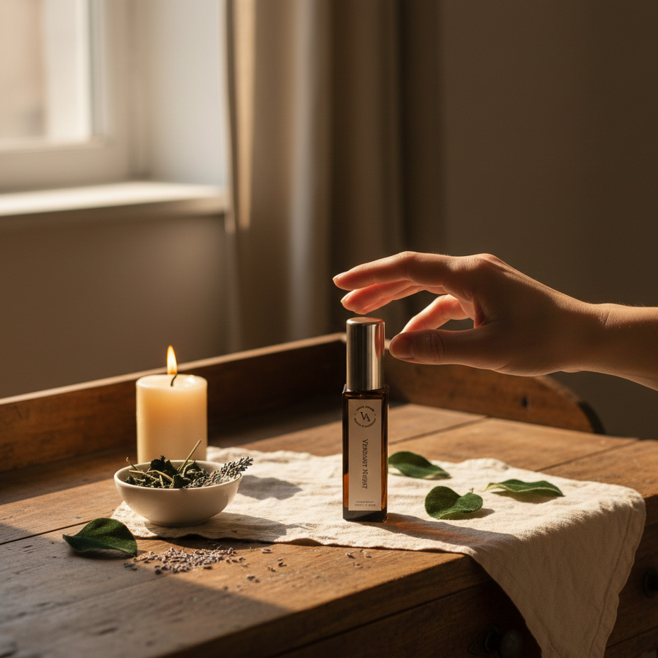 Hand reaching for a bottle of essential oil on a wooden surface with a candle and leaves.