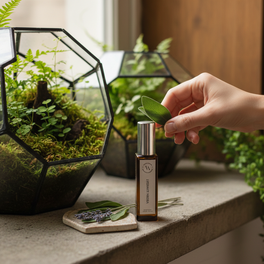 Hand holding a leaf above a bottle of essential oil with terrariums in the background