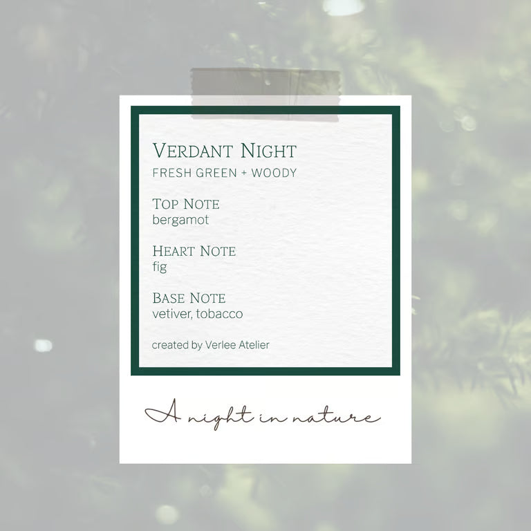 Product label for 'Verdant Night' with notes on top, heart, and base notes against a nature-themed background.