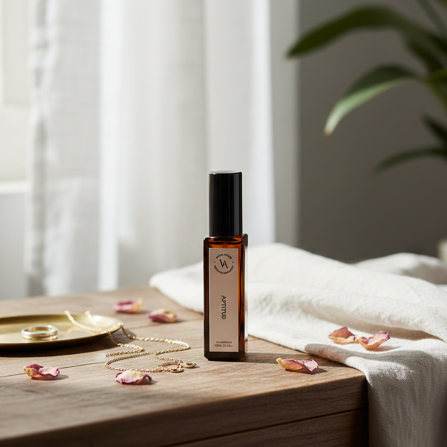 Perfume bottle on a wooden surface with flowers and jewelry