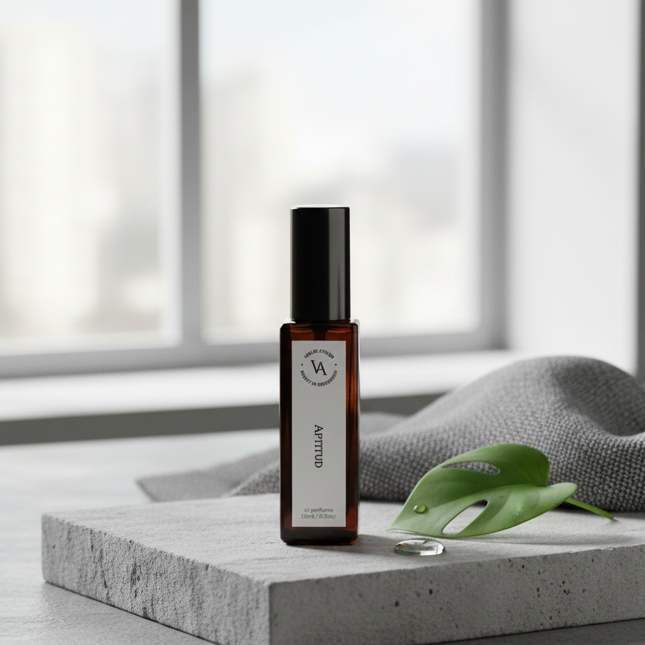 A bottle of essential oil on a stone surface with a leaf and towel in the background.