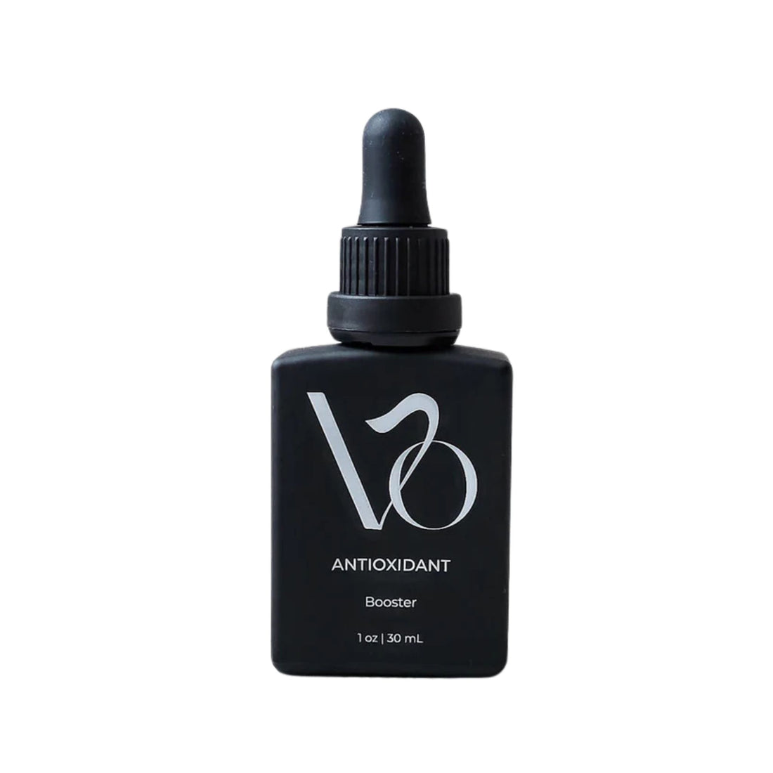 Black bottle with dropper labeled 'VO Antioxidant Booster' on a white background
