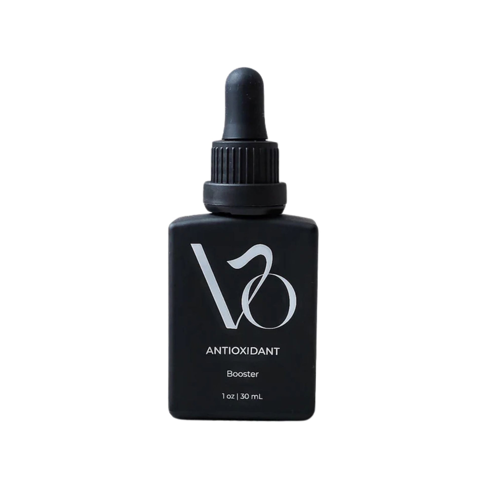 Black bottle with dropper labeled 'VO Antioxidant Booster' on a white background
