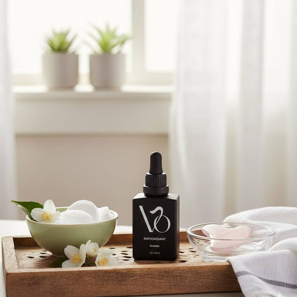 Black dropper bottle labeled 'VO' on a wooden tray with decorative items.