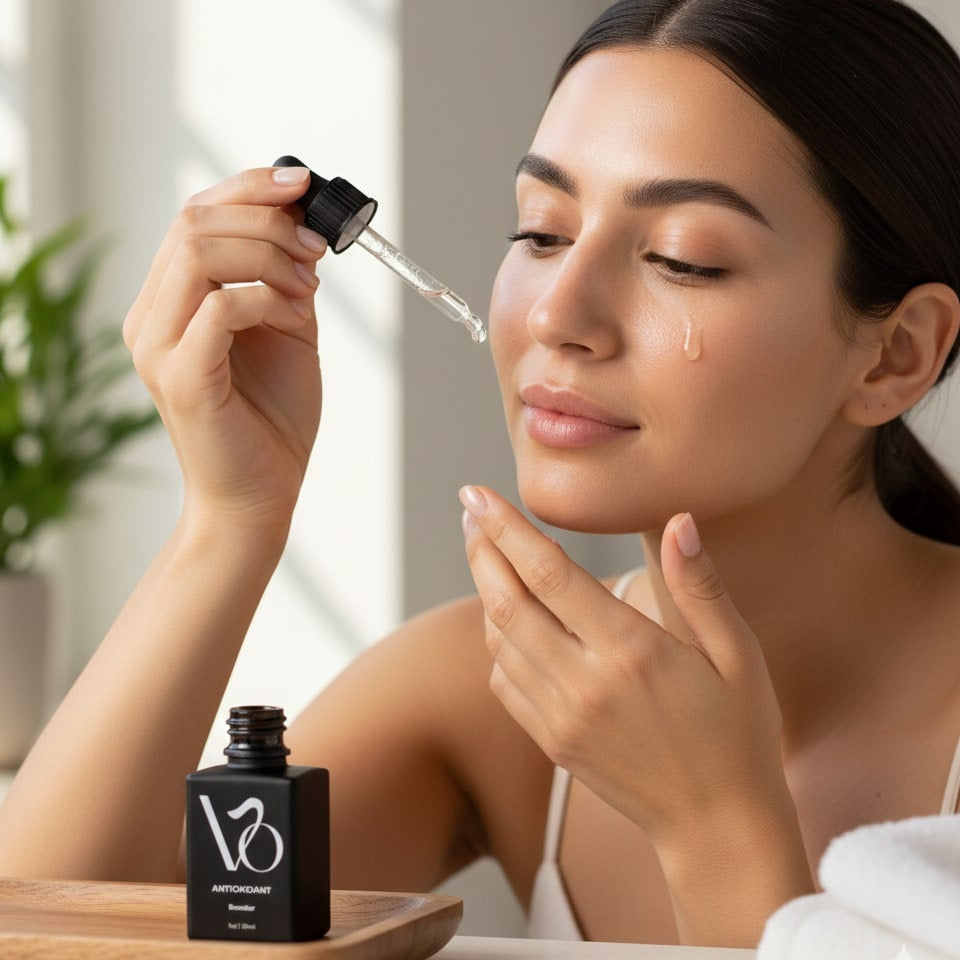 Woman applying a dropper of skincare product to her face with a VO skincare bottle on a wooden tray.