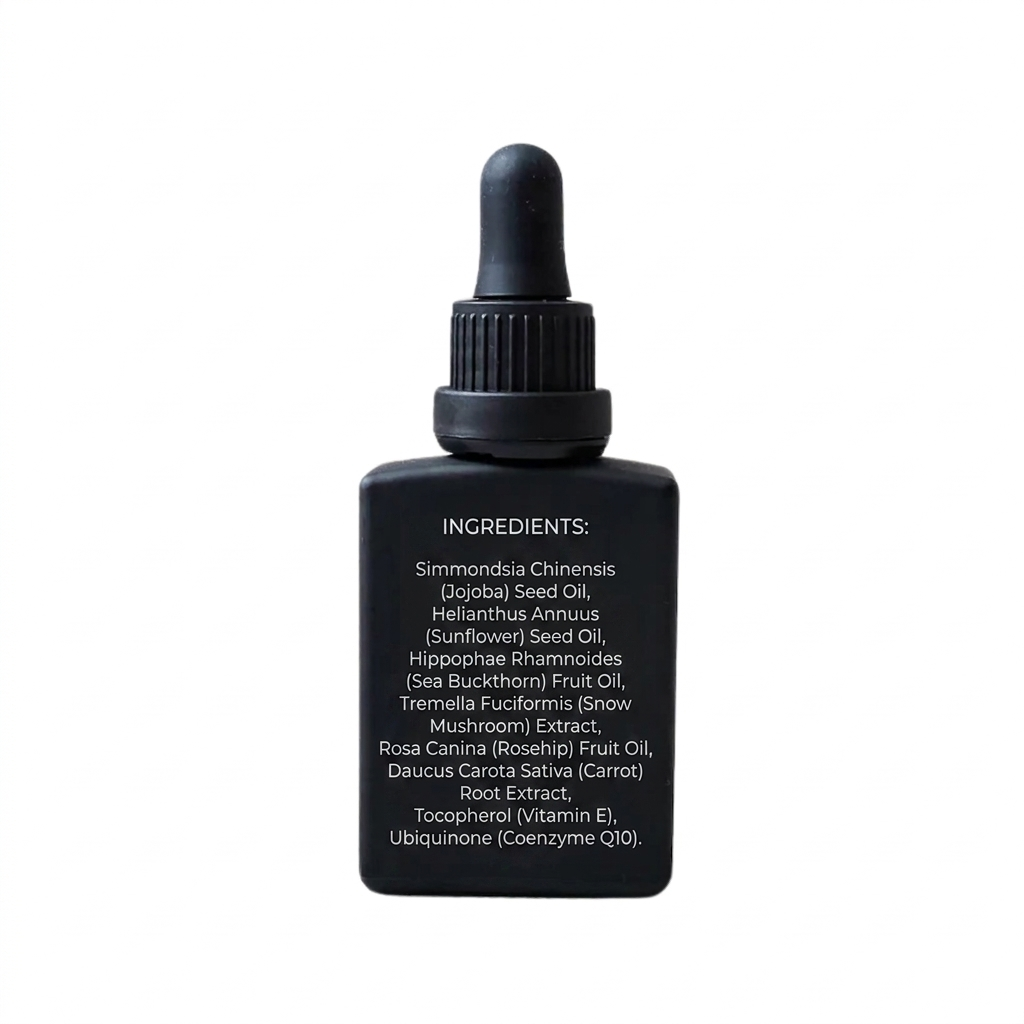 Back view of VO Beauty Antioxidant Beauty Booster by The Pharmacy Lab, showing the ingredient list on a black dropper bottle, including jojoba seed oil, sunflower seed oil, sea buckthorn fruit oil, snow mushroom extract, rosehip fruit oil, carrot root extract, vitamin E, and coenzyme Q10.