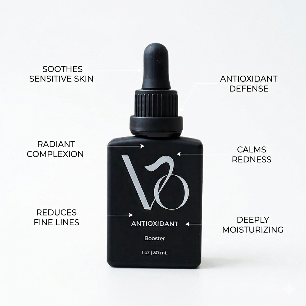 VO Beauty Antioxidant Beauty Booster serum by The Pharmacy Lab, shown in a black dropper bottle with highlighted benefits including soothing sensitive skin, calming redness, antioxidant defense, deep moisturizing, radiant complexion, and reducing fine lines.