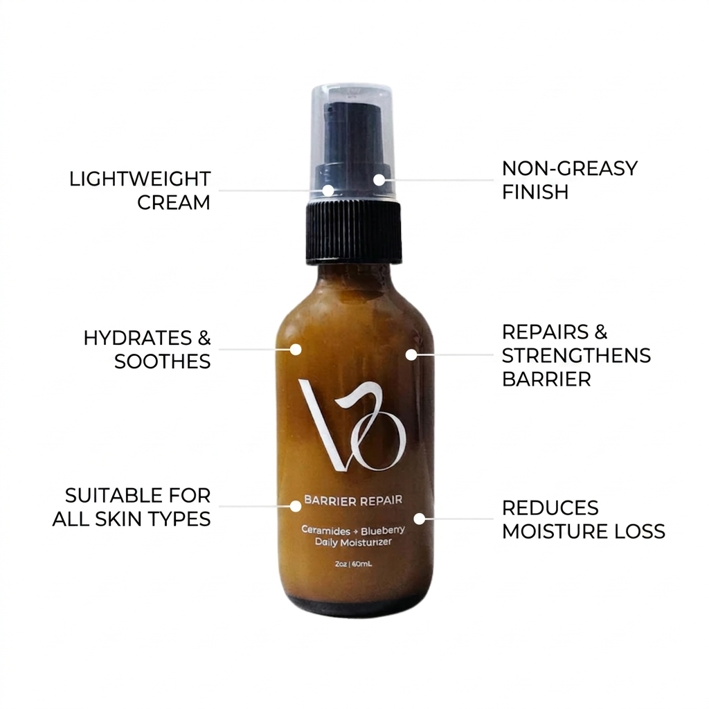 Brown bottle with spray nozzle labeled with skincare benefits on a white background