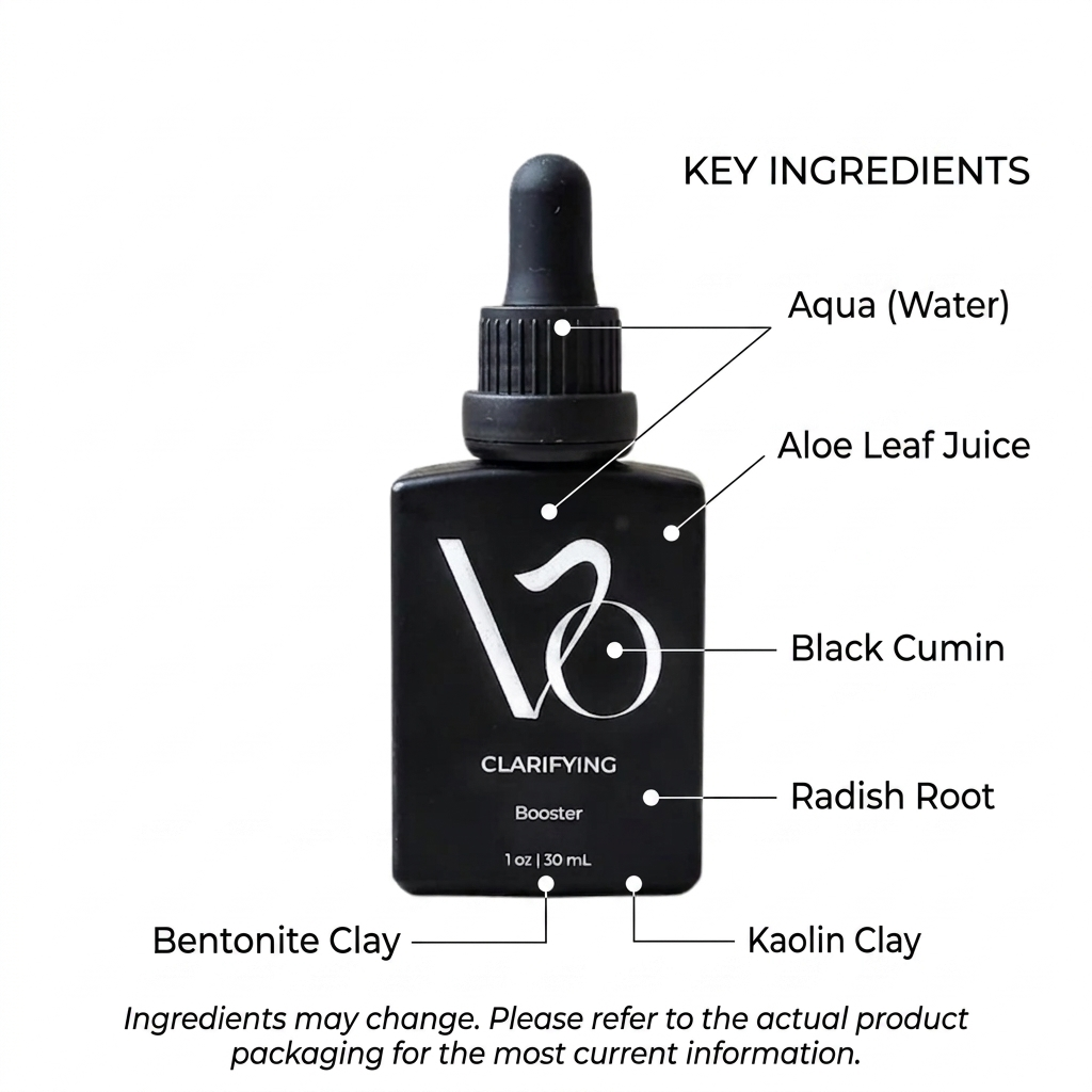 Black bottle with dropper labeled 'V2' and key ingredients on a white background