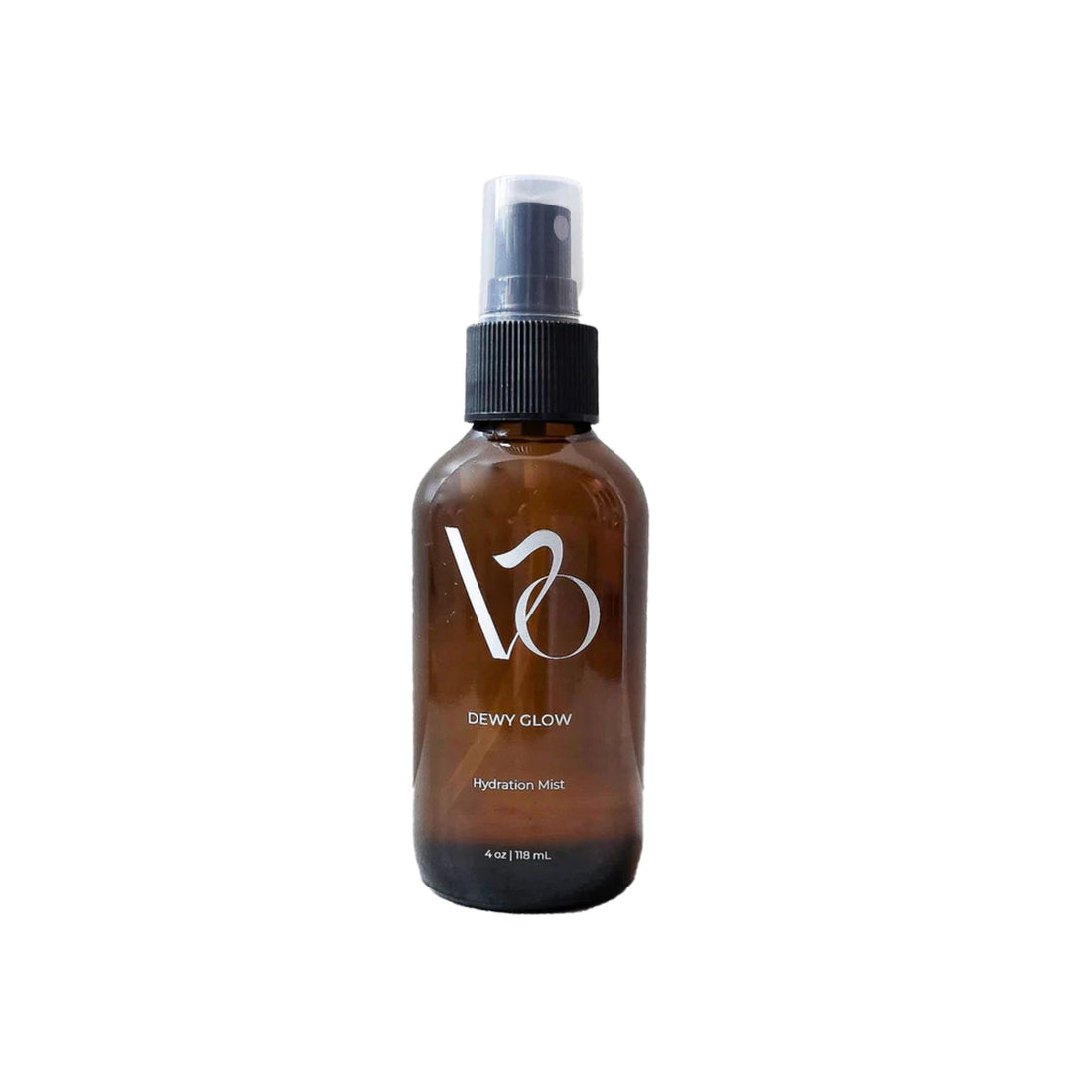 An amber glass spray bottle of Dewy Glow Hydration Mist with a black spray cap and white logo, centered on a plain white background.