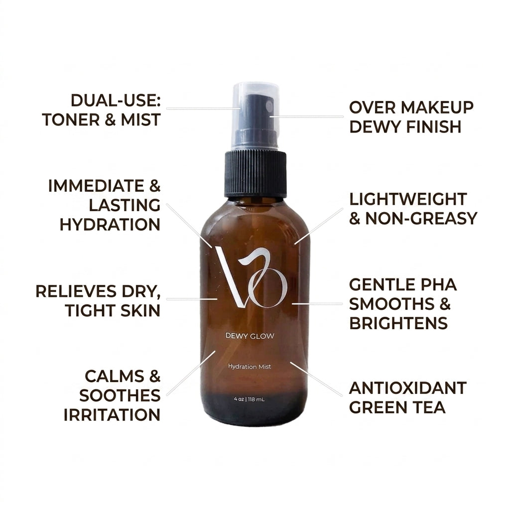 An amber glass spray bottle labeled 'V0 DEMY GLOW Hydration Mist' centered on a white background, with multiple callout lines and text describing benefits such as dual-use toner and mist, lightweight finish, and antioxidant green tea.