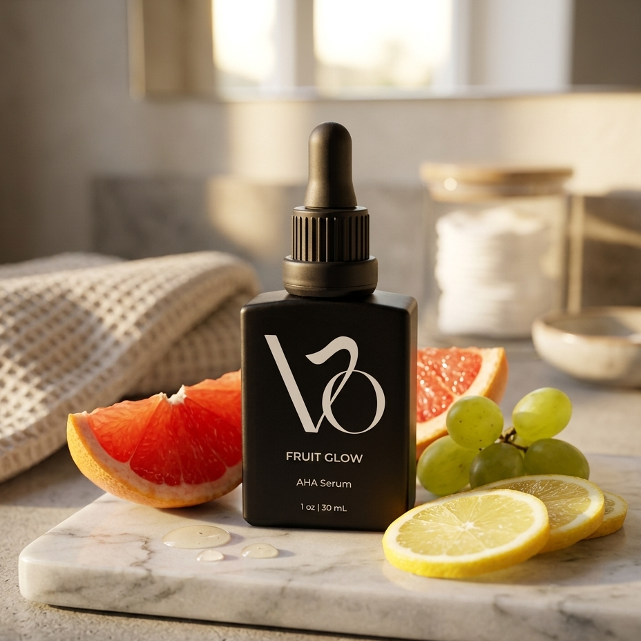 V3 Fruit Glow AHA Serum bottle on a marble surface with fruits