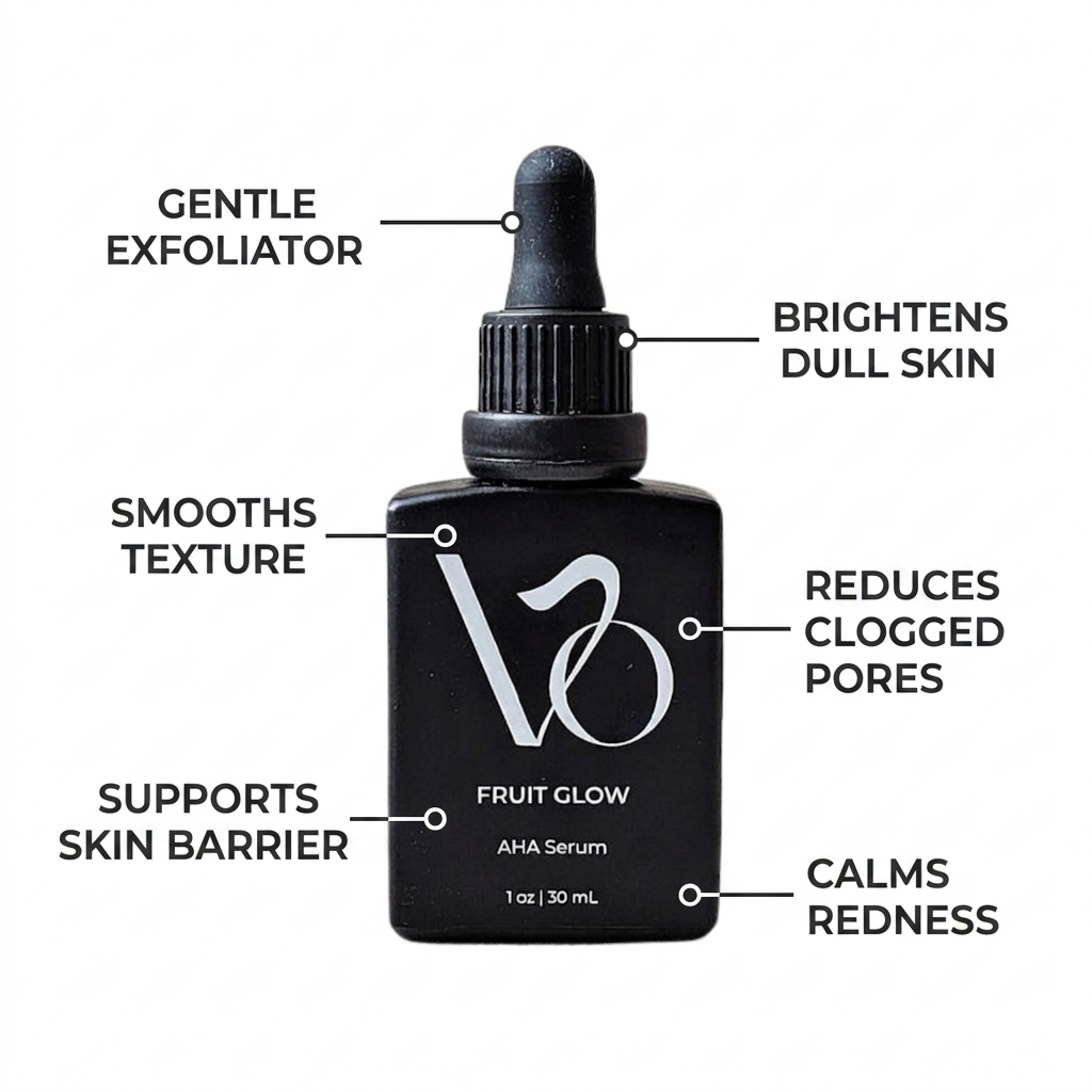 Black bottle of V30 Fruit Glow AHA Serum with text highlighting its benefits on a white background